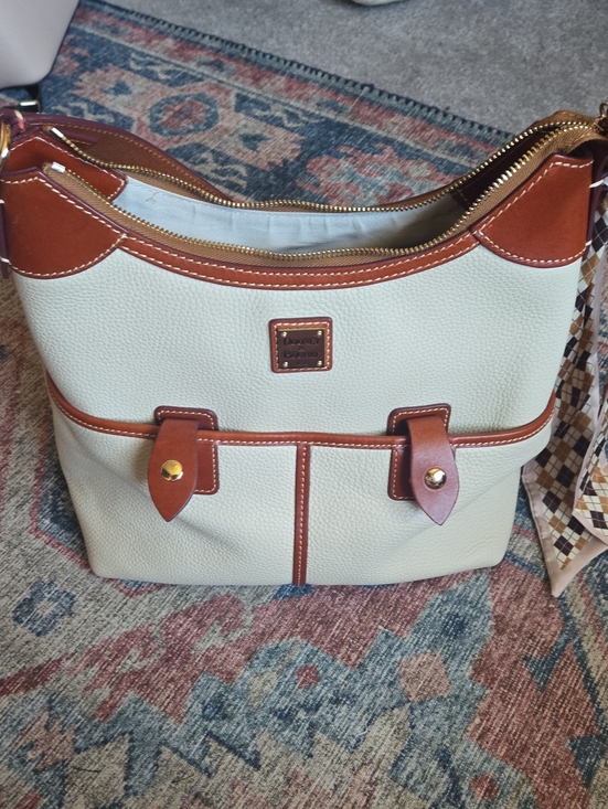 Dooney & Bourke Handbags - Dooney & Bourke Cream Pebble Leather Shoulder Bag with Brown Trim